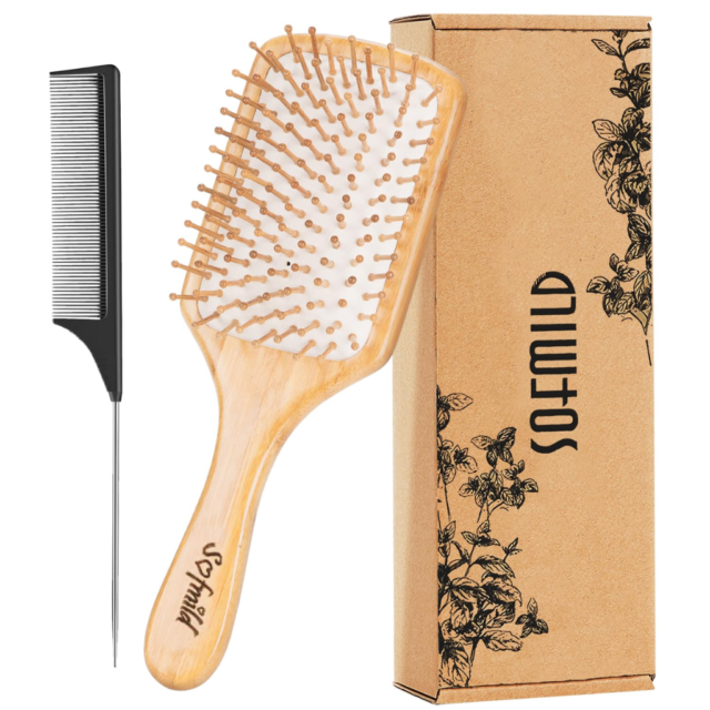 Hair Brush-Natural Wooden Bamboo Brush and Detangle Tail Comb